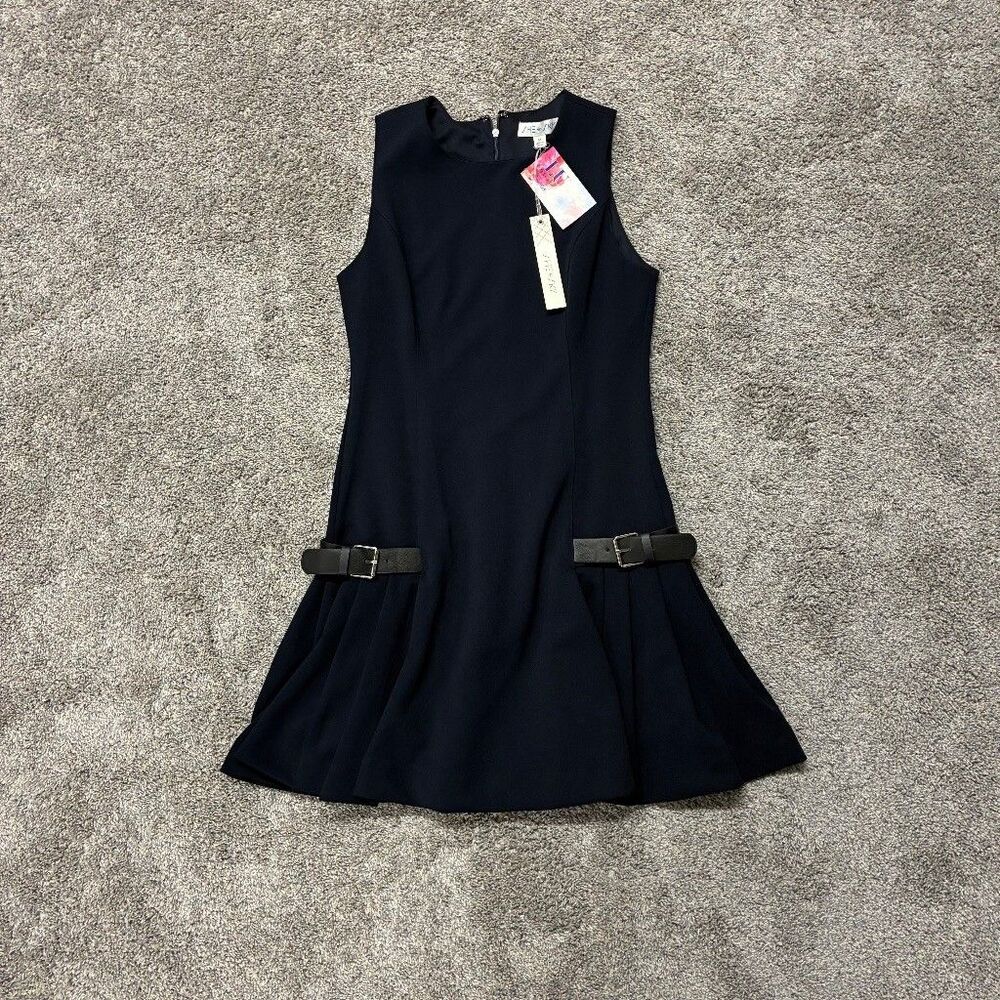 She + Sky Sleeveless Mini Dress M Navy Pleated Buckle Drop Waist Preppy Dark NWT